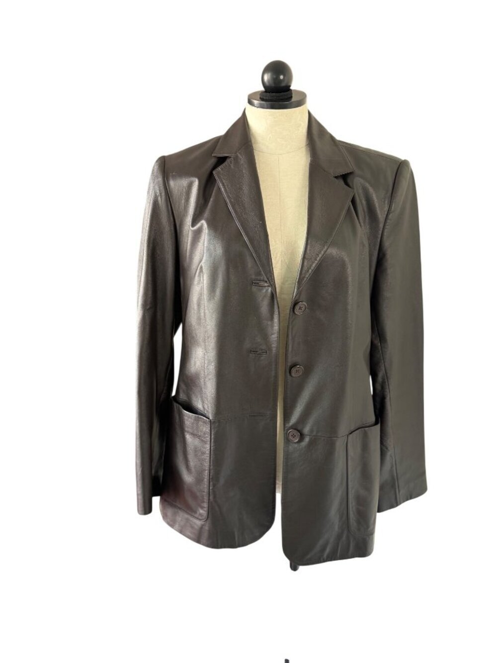 Tribal Womens Button-front Notch Leather Blazer Size 8 Brown Fully Lined Classic
